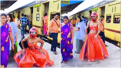 man in lehenga and helmet steals the show at railway station  goes viral