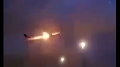 plane s engine bursts into flames shortly after take off  captured on video