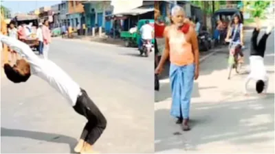 viral video  boy somersaulting accidentally kicks girl on bicycle