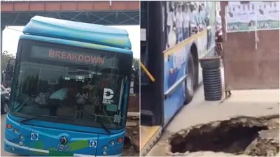 south delhi traffic jammed as bus gets trapped in collapsed road section