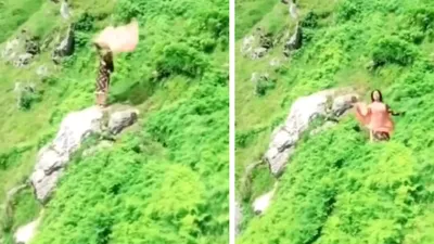 himachal shocker  girl plunges into ravine while filming reel  horrifying incident caught on camera