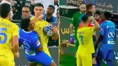 watch  cristiano ronaldo shows frustration  elbows opponent  threatens referee