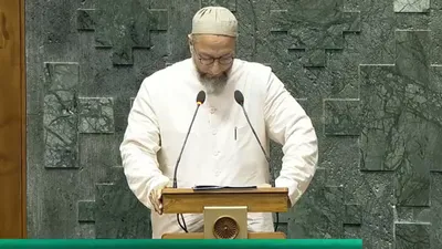 owaisi concludes oath with  jai palestine   sparks uproar in the house