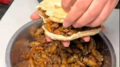 video  man enjoying chinese burger stuffed with  insects   internet buzz