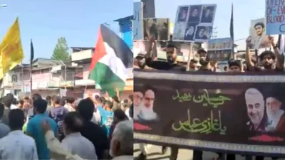 j k  protest march held in budgam against hezbollah leader hassan nasrallah’s killing