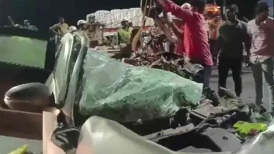 andhra pradesh  3 dead  2 critical as speeding car rams lorry in kavali rural mandal