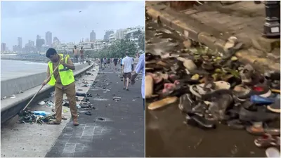 bmc uses 7 trucks to clear heaps of garbage  bottles and slippers from marine drive after victory parade