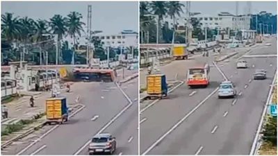 bengaluru bound bus overturns on expressway due to speeding  15 injured  parked vehicle hit   watch